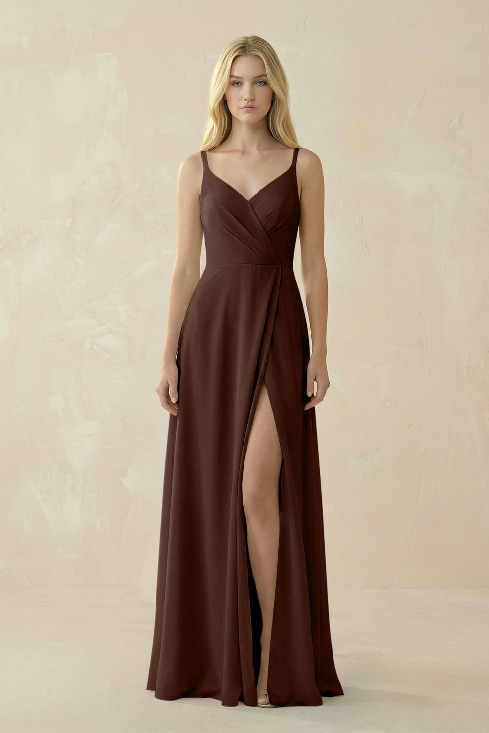V - Neck Ruched Chiffon Bridesmaid Dress with Slit in Espresso - KissProm Bridesmaid Dresses