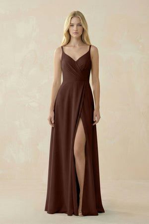 V - Neck Ruched Chiffon Bridesmaid Dress with Slit in Espresso - KissProm Bridesmaid Dresses