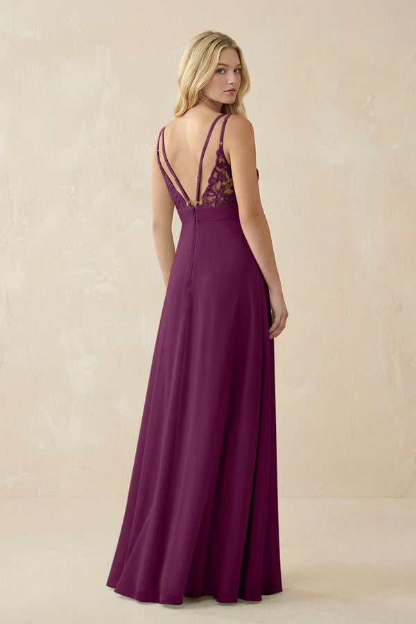 V - Neck Ruched Chiffon Bridesmaid Dress with Slit in Fig - KissProm Bridesmaid Dresses