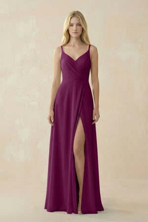 V - Neck Ruched Chiffon Bridesmaid Dress with Slit in Fig - KissProm Bridesmaid Dresses