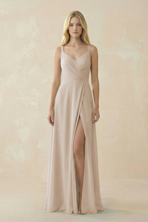 V - Neck Ruched Chiffon Bridesmaid Dress with Slit in Frost - KissProm Bridesmaid Dresses