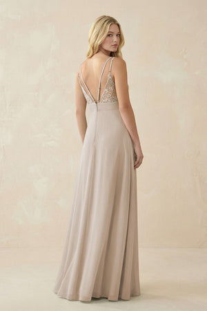V - Neck Ruched Chiffon Bridesmaid Dress with Slit in Frost - KissProm Bridesmaid Dresses