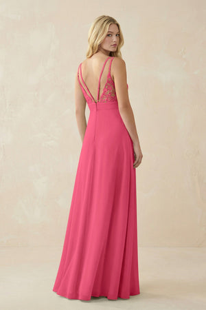 V - Neck Ruched Chiffon Bridesmaid Dress with Slit in Fuchsia - KissProm Bridesmaid Dresses
