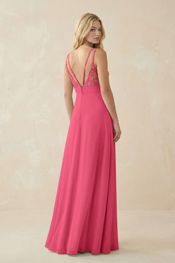 V - Neck Ruched Chiffon Bridesmaid Dress with Slit in Fuchsia - KissProm Bridesmaid Dresses