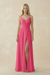 V - Neck Ruched Chiffon Bridesmaid Dress with Slit in Fuchsia - KissProm Bridesmaid Dresses