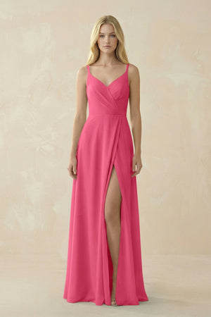 V - Neck Ruched Chiffon Bridesmaid Dress with Slit in Fuchsia - KissProm Bridesmaid Dresses