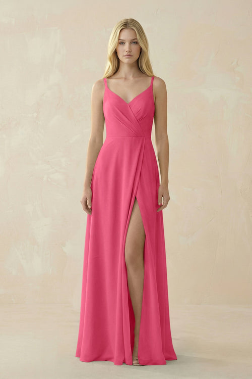 V - Neck Ruched Chiffon Bridesmaid Dress with Slit in Fuchsia - KissProm Bridesmaid Dresses