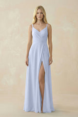 V - Neck Ruched Chiffon Bridesmaid Dress with Slit in Ice - KissProm Bridesmaid Dresses
