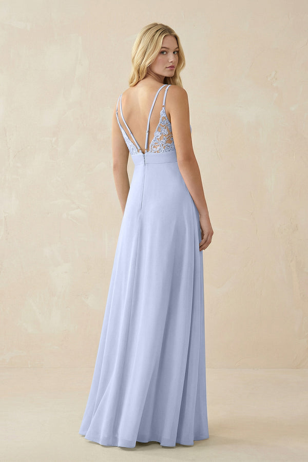 V - Neck Ruched Chiffon Bridesmaid Dress with Slit in Ice - KissProm Bridesmaid Dresses