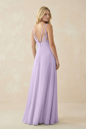 V - Neck Ruched Chiffon Bridesmaid Dress with Slit in Lavender - KissProm Bridesmaid Dresses