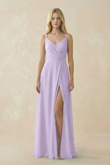 V - Neck Ruched Chiffon Bridesmaid Dress with Slit in Lavender - KissProm Bridesmaid Dresses