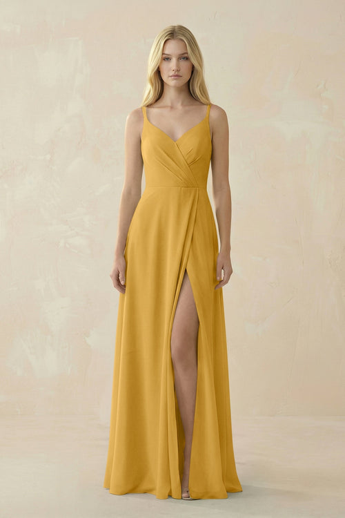 V - Neck Ruched Chiffon Bridesmaid Dress with Slit in Marigold - KissProm Bridesmaid Dresses