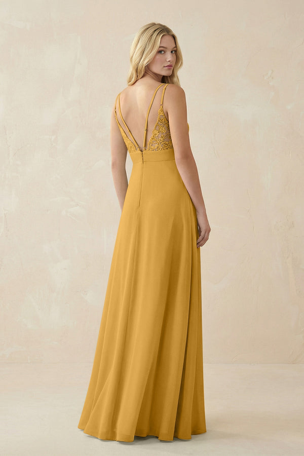 V - Neck Ruched Chiffon Bridesmaid Dress with Slit in Marigold - KissProm Bridesmaid Dresses