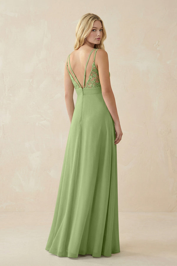 V - Neck Ruched Chiffon Bridesmaid Dress with Slit in Matcha - KissProm Bridesmaid Dresses