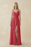 V - Neck Ruched Chiffon Bridesmaid Dress with Slit in Merlot - KissProm Bridesmaid Dresses