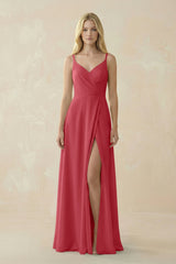 V - Neck Ruched Chiffon Bridesmaid Dress with Slit in Merlot - KissProm Bridesmaid Dresses