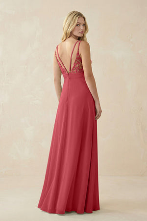 V - Neck Ruched Chiffon Bridesmaid Dress with Slit in Merlot - KissProm Bridesmaid Dresses