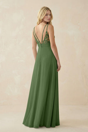 V - Neck Ruched Chiffon Bridesmaid Dress with Slit in Moss - KissProm Bridesmaid Dresses