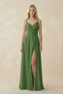 V - Neck Ruched Chiffon Bridesmaid Dress with Slit in Moss - KissProm Bridesmaid Dresses
