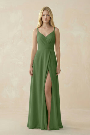 V - Neck Ruched Chiffon Bridesmaid Dress with Slit in Moss - KissProm Bridesmaid Dresses