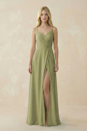 V - Neck Ruched Chiffon Bridesmaid Dress with Slit in Moss Green - KissProm Bridesmaid Dresses