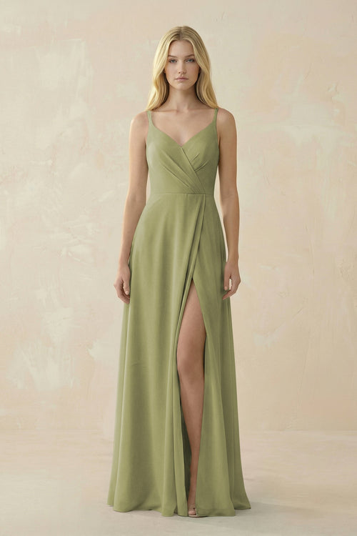 V - Neck Ruched Chiffon Bridesmaid Dress with Slit in Moss Green - KissProm Bridesmaid Dresses