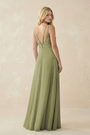V - Neck Ruched Chiffon Bridesmaid Dress with Slit in Moss Green - KissProm Bridesmaid Dresses