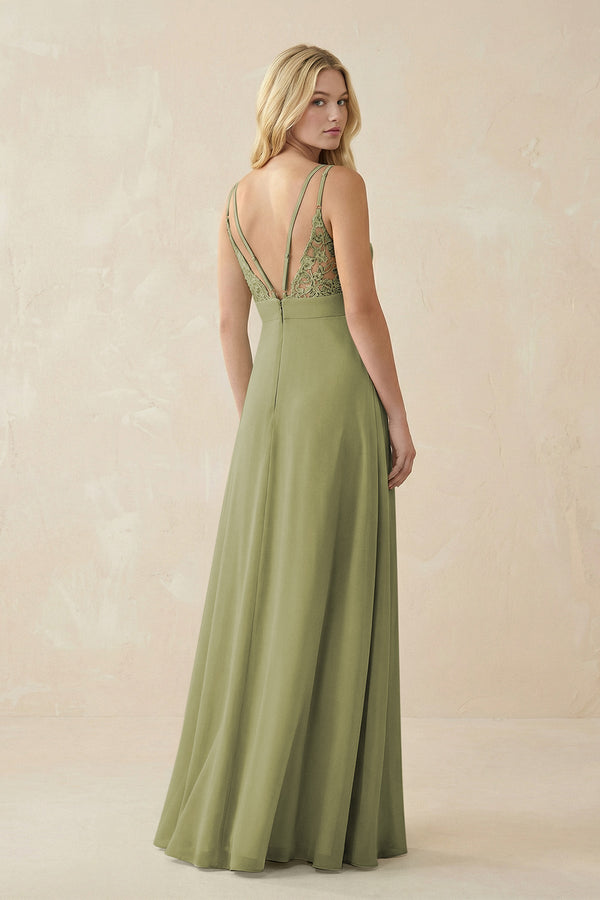V - Neck Ruched Chiffon Bridesmaid Dress with Slit in Moss Green - KissProm Bridesmaid Dresses