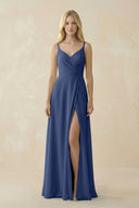 V - Neck Ruched Chiffon Bridesmaid Dress with Slit in Navy - KissProm Bridesmaid Dresses