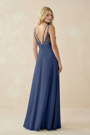 V - Neck Ruched Chiffon Bridesmaid Dress with Slit in Navy - KissProm Bridesmaid Dresses