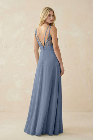 V - Neck Ruched Chiffon Bridesmaid Dress with Slit in Neptune - KissProm Bridesmaid Dresses