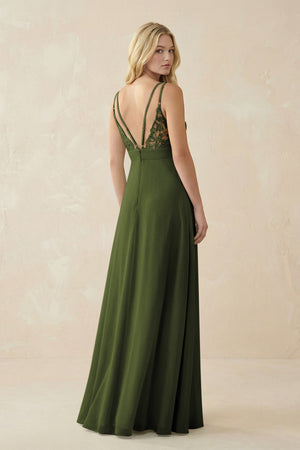 V - Neck Ruched Chiffon Bridesmaid Dress with Slit in Olive - KissProm Bridesmaid Dresses