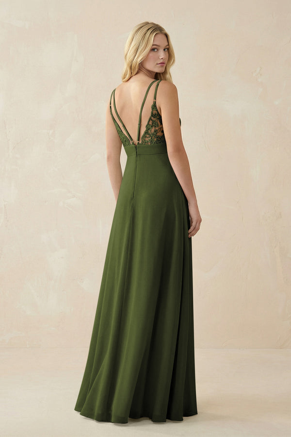 V - Neck Ruched Chiffon Bridesmaid Dress with Slit in Olive - KissProm Bridesmaid Dresses