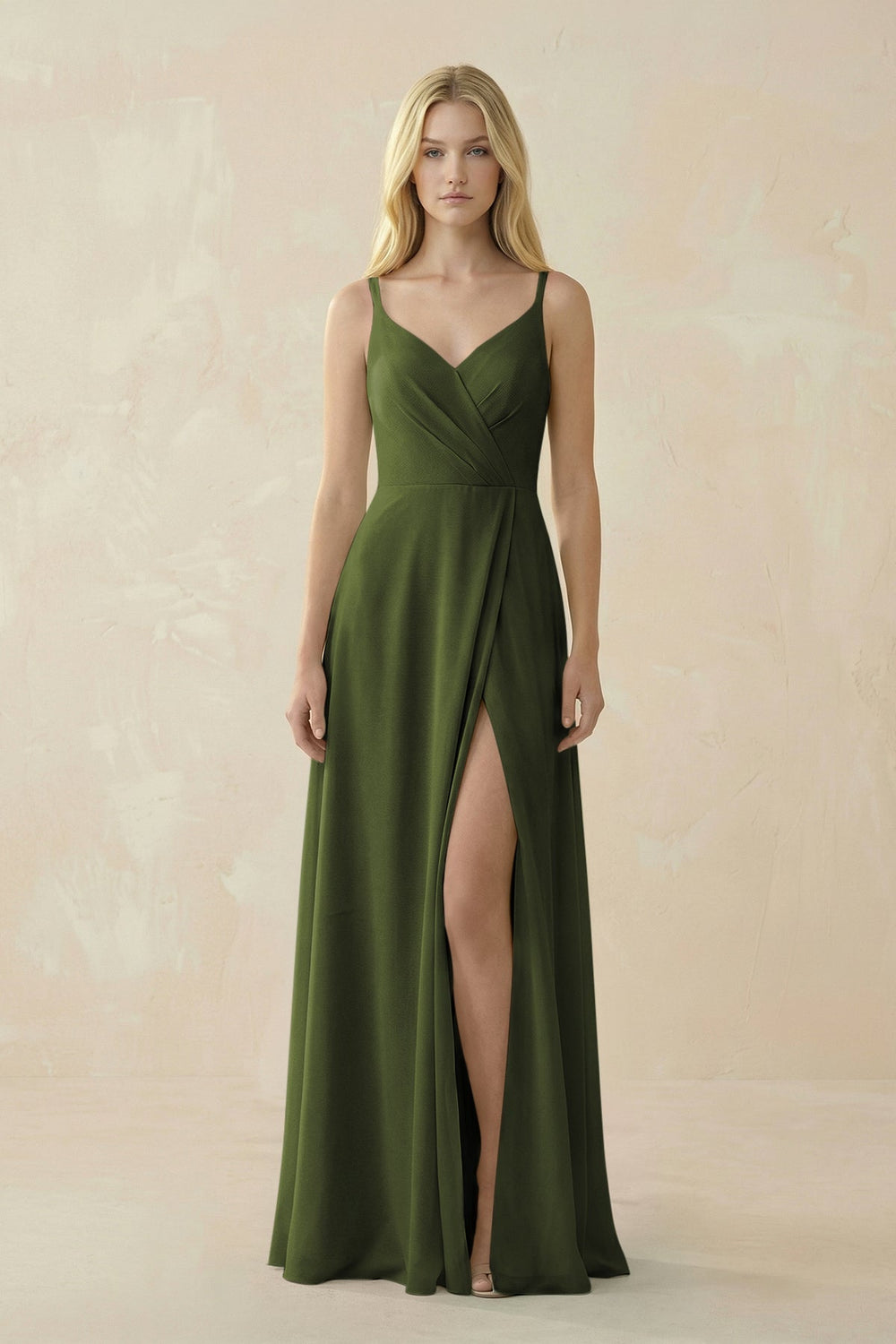 V - Neck Ruched Chiffon Bridesmaid Dress with Slit in Olive - KissProm Bridesmaid Dresses