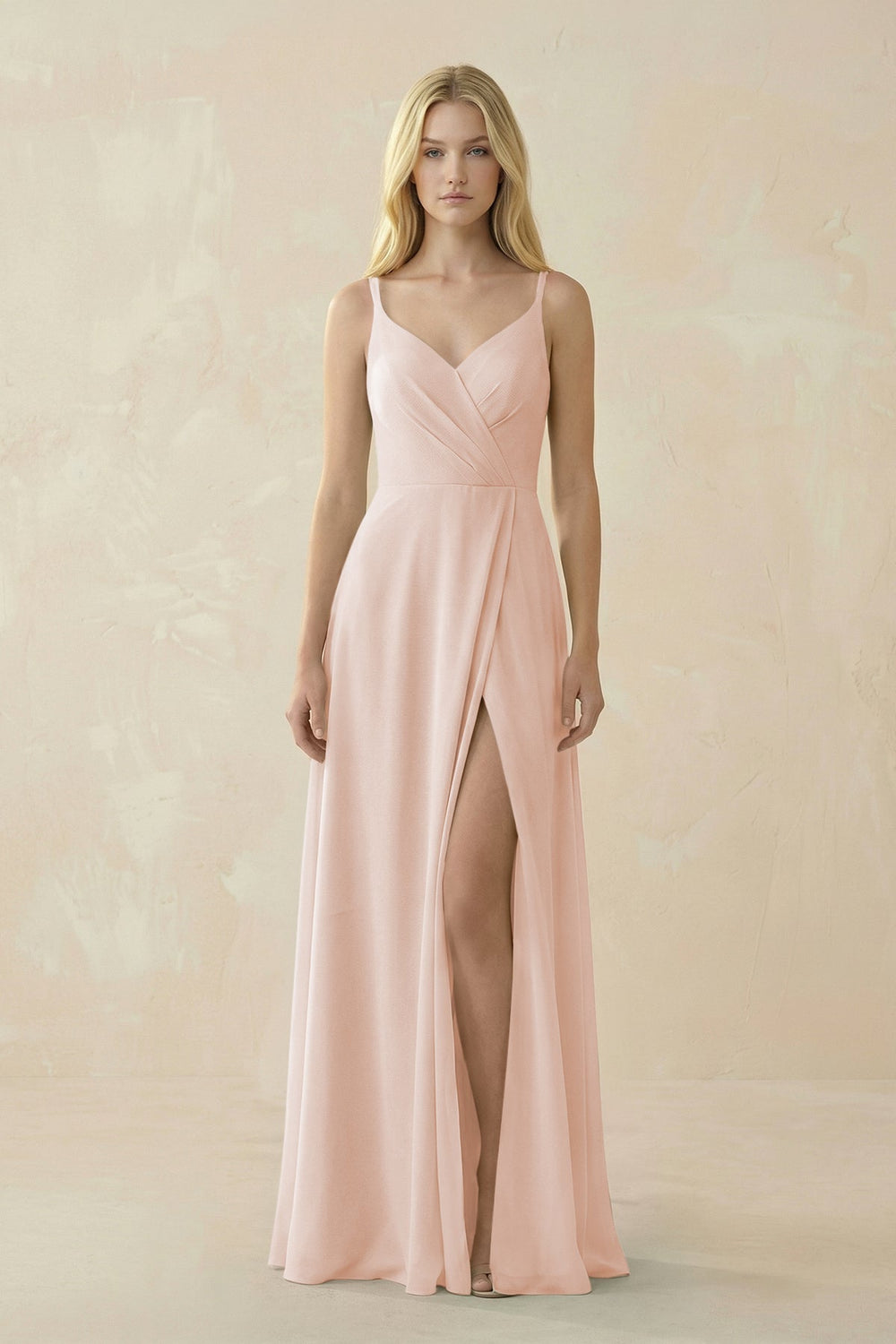 V - Neck Ruched Chiffon Bridesmaid Dress with Slit in Pale Blush - KissProm Bridesmaid Dresses