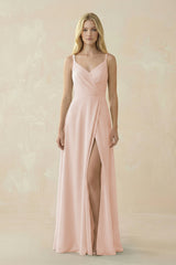 V - Neck Ruched Chiffon Bridesmaid Dress with Slit in Pale Blush - KissProm Bridesmaid Dresses