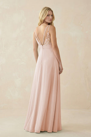 V - Neck Ruched Chiffon Bridesmaid Dress with Slit in Pale Blush - KissProm Bridesmaid Dresses