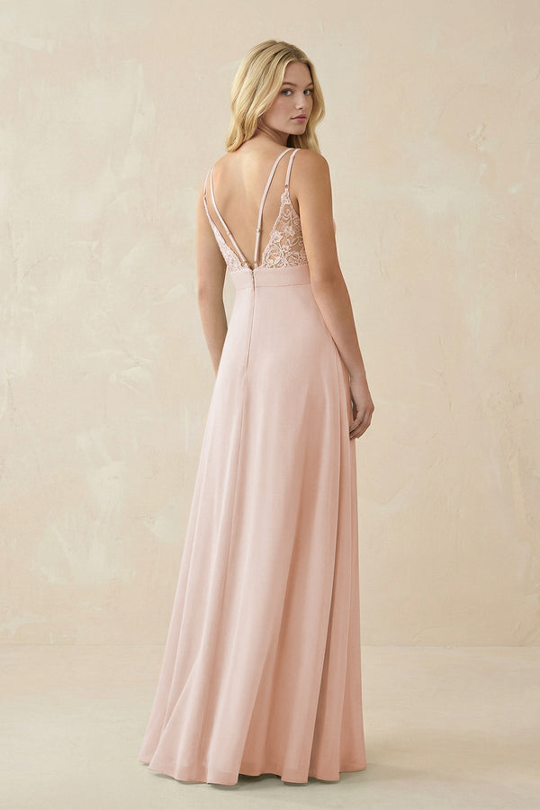 V - Neck Ruched Chiffon Bridesmaid Dress with Slit in Pale Blush - KissProm Bridesmaid Dresses