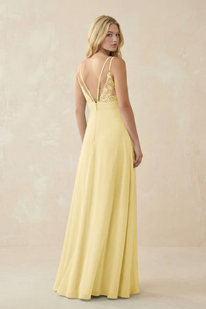 V - Neck Ruched Chiffon Bridesmaid Dress with Slit in Pastel Yellow - KissProm Bridesmaid Dresses