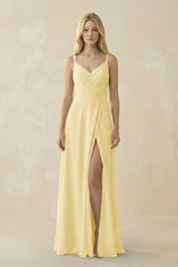 V - Neck Ruched Chiffon Bridesmaid Dress with Slit in Pastel Yellow - KissProm Bridesmaid Dresses
