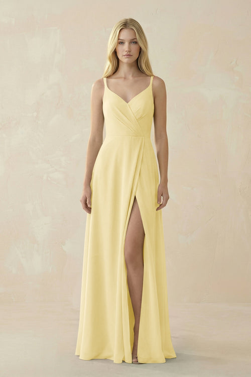 V - Neck Ruched Chiffon Bridesmaid Dress with Slit in Pastel Yellow - KissProm Bridesmaid Dresses