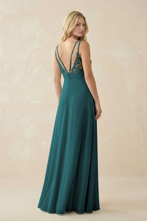 V - Neck Ruched Chiffon Bridesmaid Dress with Slit in Pine - KissProm Bridesmaid Dresses
