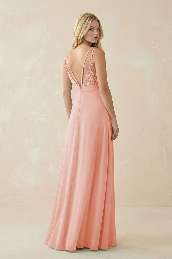 V - Neck Ruched Chiffon Bridesmaid Dress with Slit in Rose Petal - KissProm Bridesmaid Dresses