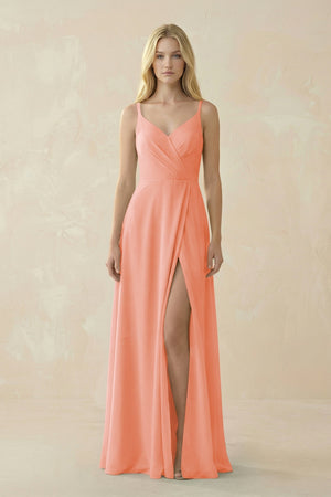 V - Neck Ruched Chiffon Bridesmaid Dress with Slit in Rosette - KissProm Bridesmaid Dresses