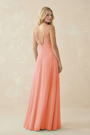 V - Neck Ruched Chiffon Bridesmaid Dress with Slit in Rosette - KissProm Bridesmaid Dresses