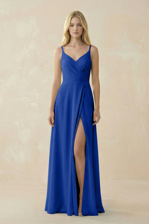 V - Neck Ruched Chiffon Bridesmaid Dress with Slit in Royal Blue - KissProm Bridesmaid Dresses