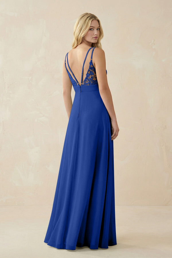 V - Neck Ruched Chiffon Bridesmaid Dress with Slit in Royal Blue - KissProm Bridesmaid Dresses