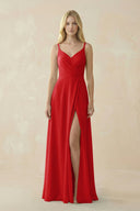 V - Neck Ruched Chiffon Bridesmaid Dress with Slit in Ruby Red - KissProm Bridesmaid Dresses