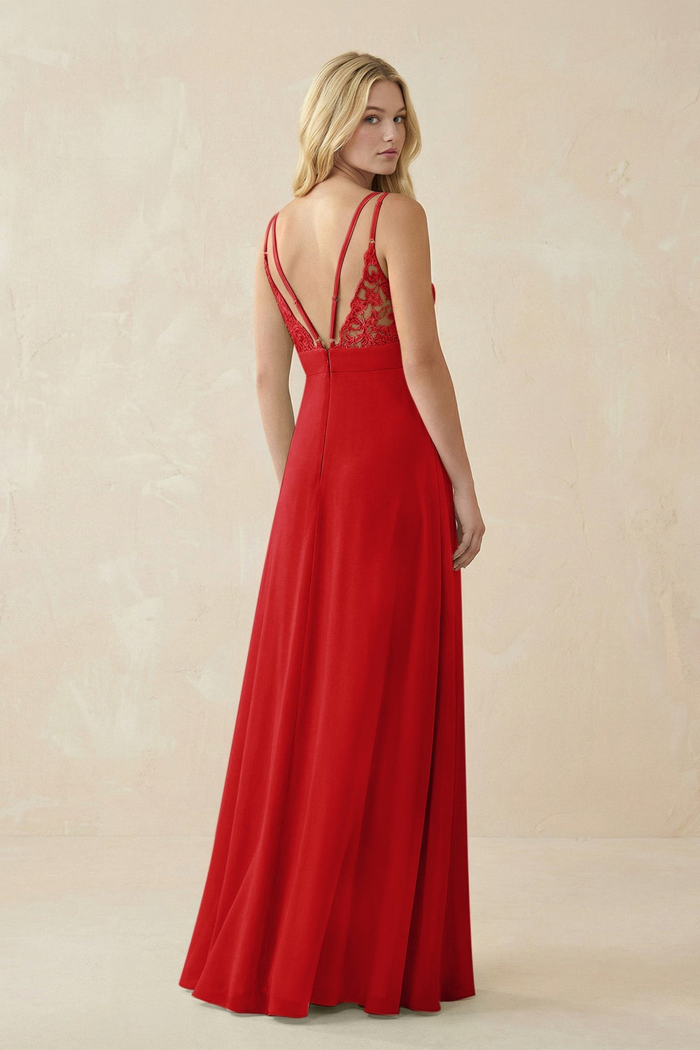 V - Neck Ruched Chiffon Bridesmaid Dress with Slit in Ruby Red - KissProm Bridesmaid Dresses