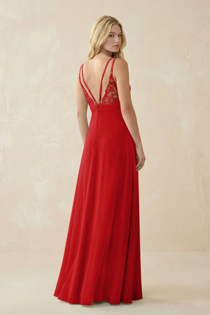 V - Neck Ruched Chiffon Bridesmaid Dress with Slit in Ruby Red - KissProm Bridesmaid Dresses